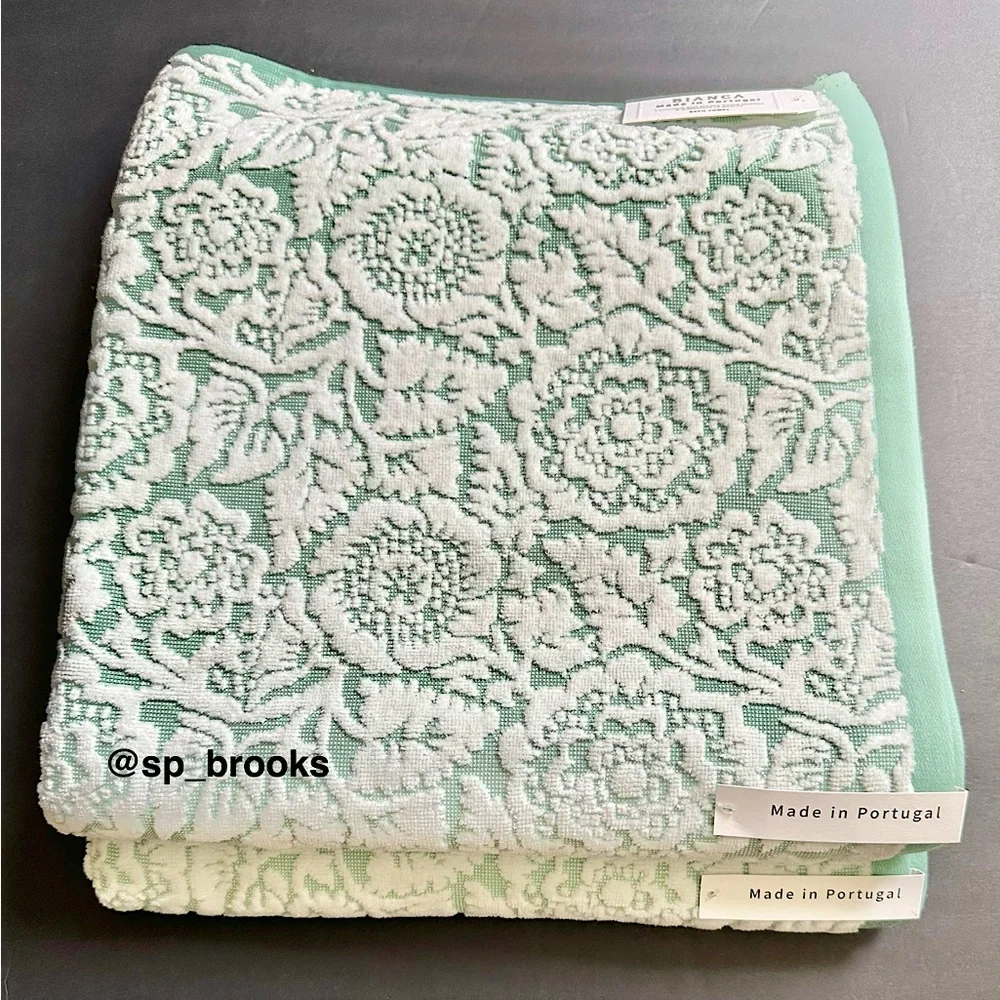 🎁6PC BIANCA Bath Towel Set - Floral Woven Terry Pattern Pastel Green & White